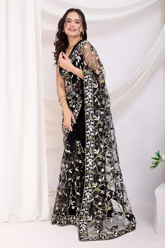 Black soft net c thread embroidery work girlie partywear saree