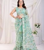 Sea green soft net c thread embroidery work girlie partywear saree