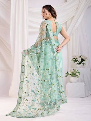 Sea green soft net c thread embroidery work girlie partywear saree 2