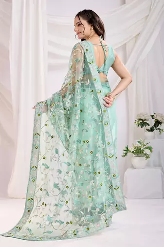 Sea green soft net c thread embroidery work girlie partywear saree