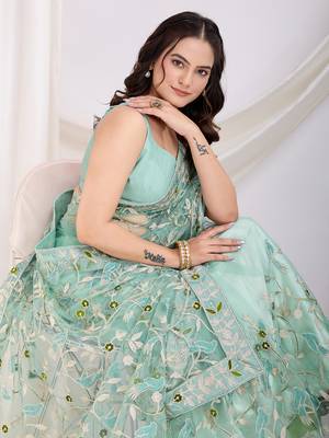 Sea green soft net c thread embroidery work girlie partywear saree 3