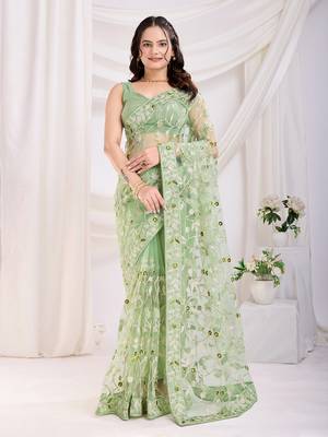 Pista soft net c thread embroidery work girlie partywear saree 1