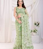 Pista soft net c designer thread embroidery work girlie partywear saree