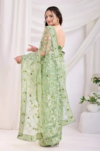 Pista soft net c thread embroidery work girlie partywear saree