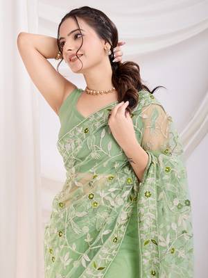 Pista soft net c thread embroidery work girlie partywear saree 3