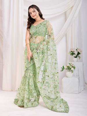Pista soft net c thread embroidery work girlie partywear saree 5