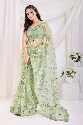 Pista soft net c thread embroidery work girlie partywear saree