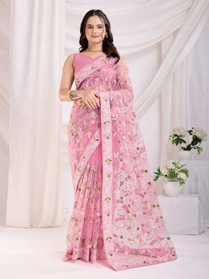 Pink soft net c thread embroidery work girlie partywear saree 1