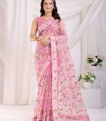Pink soft net c thread embroidery work girlie partywear saree