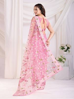Pink soft net c thread embroidery work girlie partywear saree 2
