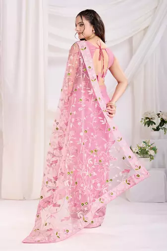 Pink soft net c thread embroidery work girlie partywear saree