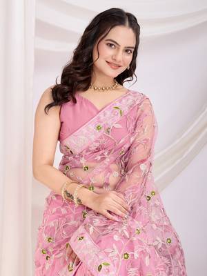 Pink soft net c thread embroidery work girlie partywear saree 3