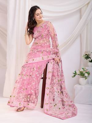 Pink soft net c thread embroidery work girlie partywear saree 5