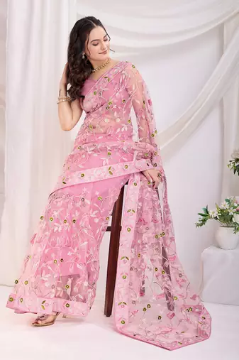 Pink soft net c thread embroidery work girlie partywear saree