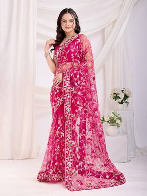 Dark pink soft net c thread embroidery work girlie partywear saree 1