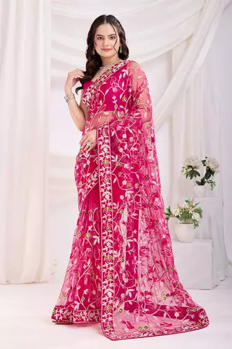 Dark pink soft net c designer thread embroidery work girlie partywear saree