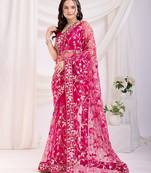 Dark pink soft net c designer thread embroidery work girlie partywear saree