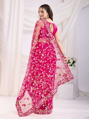 Dark pink soft net c thread embroidery work girlie partywear saree 2