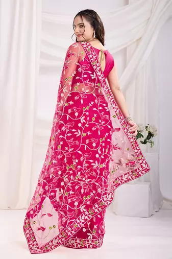 Dark pink soft net c thread embroidery work girlie partywear saree