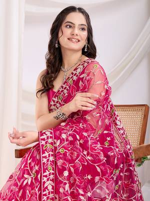 Dark pink soft net c thread embroidery work girlie partywear saree 3