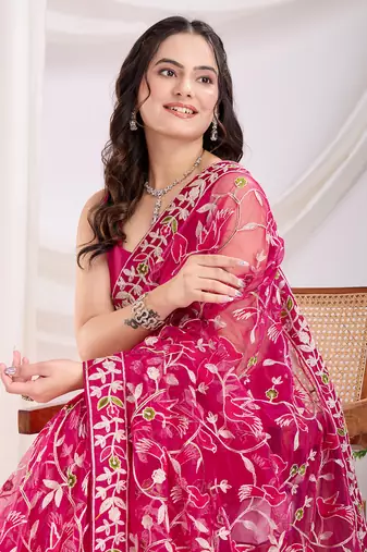 Dark pink soft net c thread embroidery work girlie partywear saree