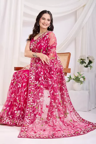 Dark pink soft net c thread embroidery work girlie partywear saree