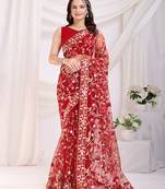Maroon soft net c designer thread embroidery work girlie partywear saree