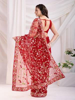 Maroon soft net c thread embroidery work girlie partywear saree 2