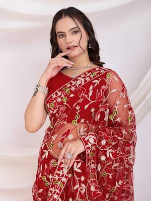 Maroon soft net c thread embroidery work girlie partywear saree 3