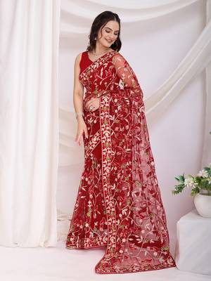 Maroon soft net c thread embroidery work girlie partywear saree 5