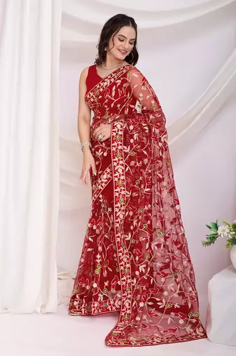 Maroon soft net c thread embroidery work girlie partywear saree