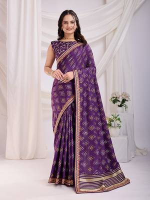 Violet bandhej printed with embroidery work vichitra silk blend saree 1