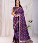 Violet bandhej printed with embroidery work vichitra silk blend saree