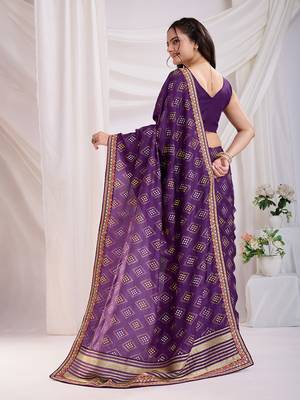 Violet bandhej printed with embroidery work vichitra silk blend saree 2