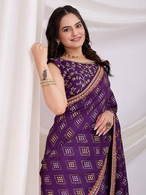 Violet bandhej printed with embroidery work vichitra silk blend saree 3