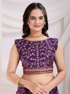 Violet bandhej printed with embroidery work vichitra silk blend saree 4