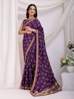 Violet bandhej printed with embroidery work vichitra silk blend saree 5