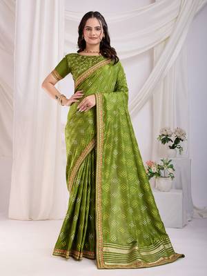 Green bandhej printed with embroidery work vichitra silk blend saree 1