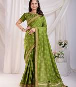 Green bandhej printed with embroidery work vichitra silk blend saree
