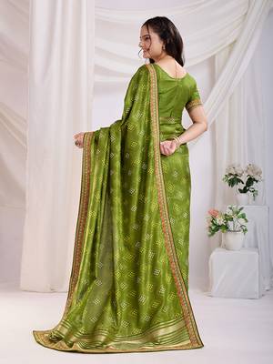 Green bandhej printed with embroidery work vichitra silk blend saree 2