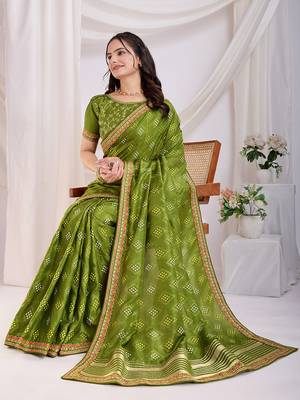 Green bandhej printed with embroidery work vichitra silk blend saree 5