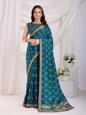 Teal blue bandhej printed with embroidery work vichitra silk blend saree 1