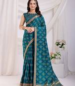 Teal blue bandhej printed with embroidery work vichitra silk blend saree