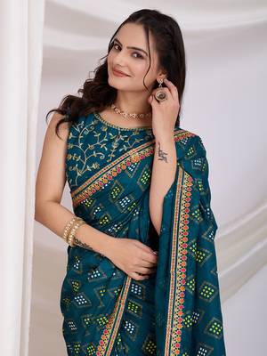 Teal blue bandhej printed with embroidery work vichitra silk blend saree 3