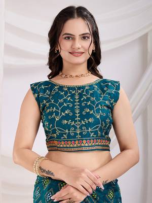 Teal blue bandhej printed with embroidery work vichitra silk blend saree 4