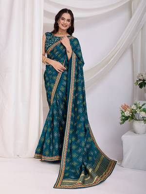 Teal blue bandhej printed with embroidery work vichitra silk blend saree 5