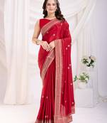 Red chinon silk blend c desigenr zari embroidered ceremonial saree
