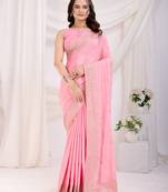 Pink chinon silk blend c desigenr zari embroidered ceremonial saree