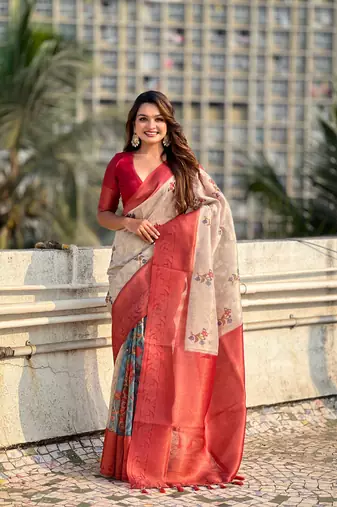 Maroon cotton linen  wevon designer saree with printed work