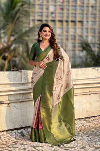 Green cotton linen wevon designer saree with printed work